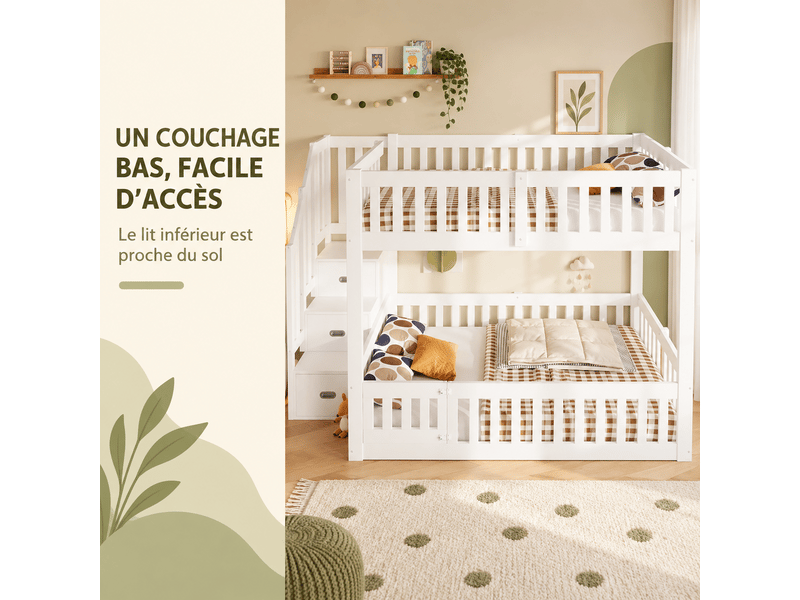  Lit superposé bas 140x200 cm, escalier avec rangements, barrières de sécurité avec portillon, sommier à lattes, pin et mdf, blanc OMNIGLINT TRADING LTD - Conforama D