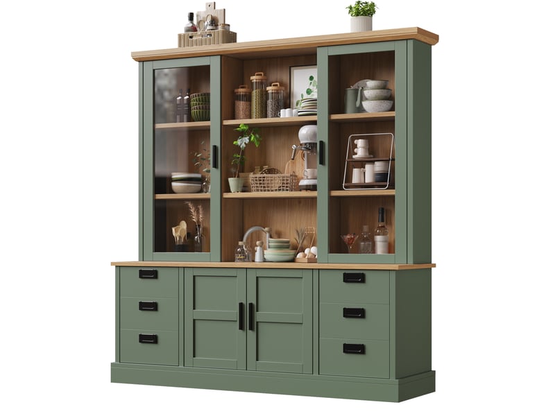  Buffet haut de cuisine avec vitrine 4 portes, 6 tiroirs et étagères réglables en mdf vert foncé 140 × 40 × 185 cm  - Conforama A