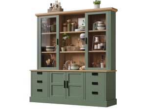 Buffet haut de cuisine avec vitrine 4 portes, 6 tiroirs et étagères réglables en mdf vert foncé 140 × 40 × 185 cm