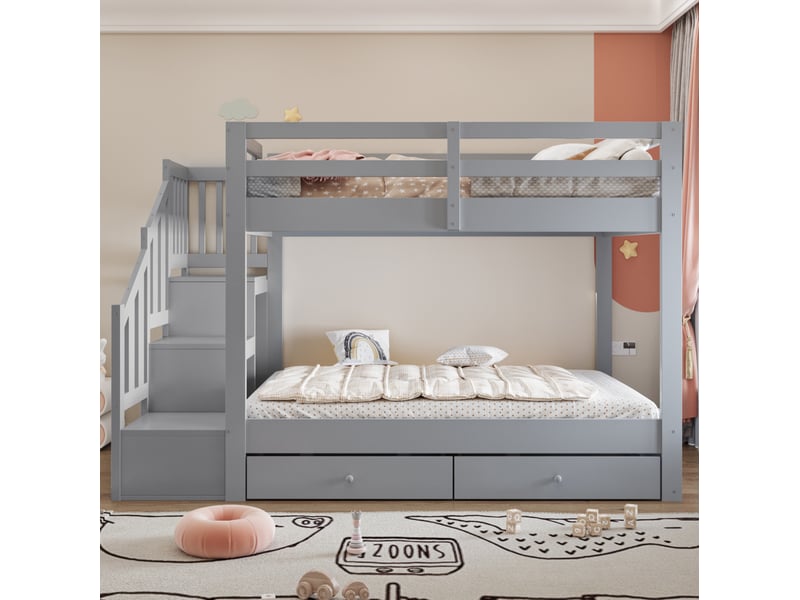  Lit superposé modenvie 140 x 200 cm gris avec escalier de rangement et 2 tiroirs  - Conforama E