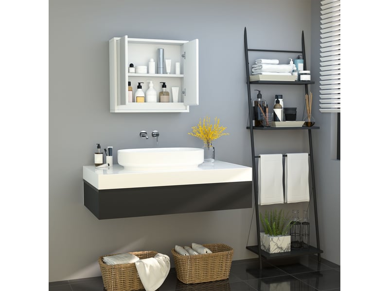 Armoire murale miroir salle de bain 2 étagères dim. 48l x 14l x 45h cm panneaux particules mdf blanc - Conforama W