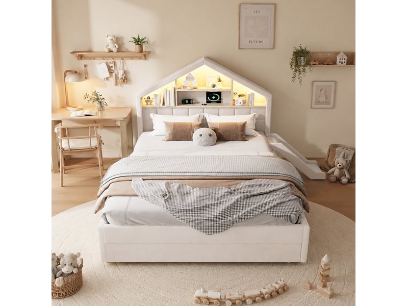  Lit cabane enfant 140x200 cm avec toboggan, led, prise de charge et coffre de rangement, beige, sans matelas  - Conforama D