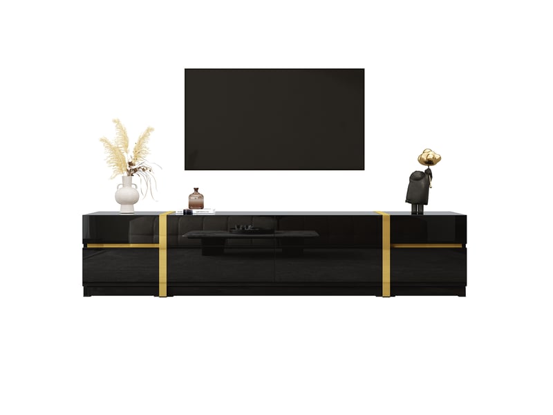  Meuble tv avec 4 tiroirs et 2 portes, rangement pratique, mdf noir brillant avec détails dorés, 180x40x38 cm  - Conforama A