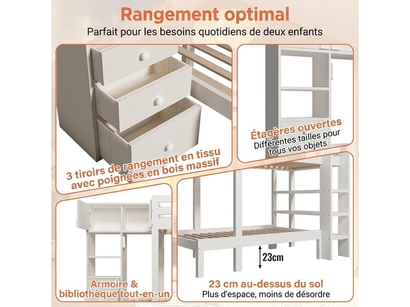 Lit superposé 90x200 avec rangement décalé - veilleuse led armoire tiroirs bois blanc - Conforama D
