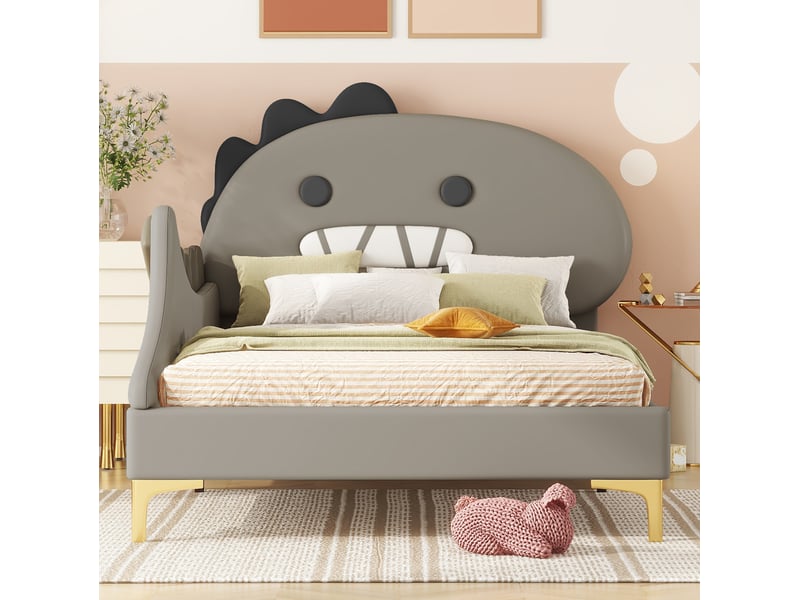  Lit enfant 90 x 200 cm dinosaure en pu et mdf avec sommier à lattes gris  - Conforama E