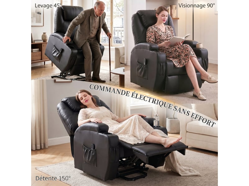  Fauteuil releveur électrique inclinable en pu noir 83x95x107 cm  - Conforama D