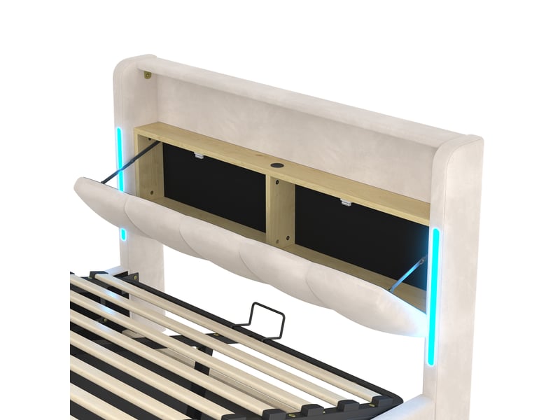  Lit coffre rembourré - coffre hydraulique, led, usb - 140x200 cm - tête lit rangement, usb et usb-c - velours - beige Bubbly - Conforama E