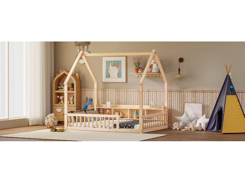 Lit enfant en forme de maison 140x200 cm naturel pin avec rangements et barrières de sécurité Sol Morn - Conforama B
