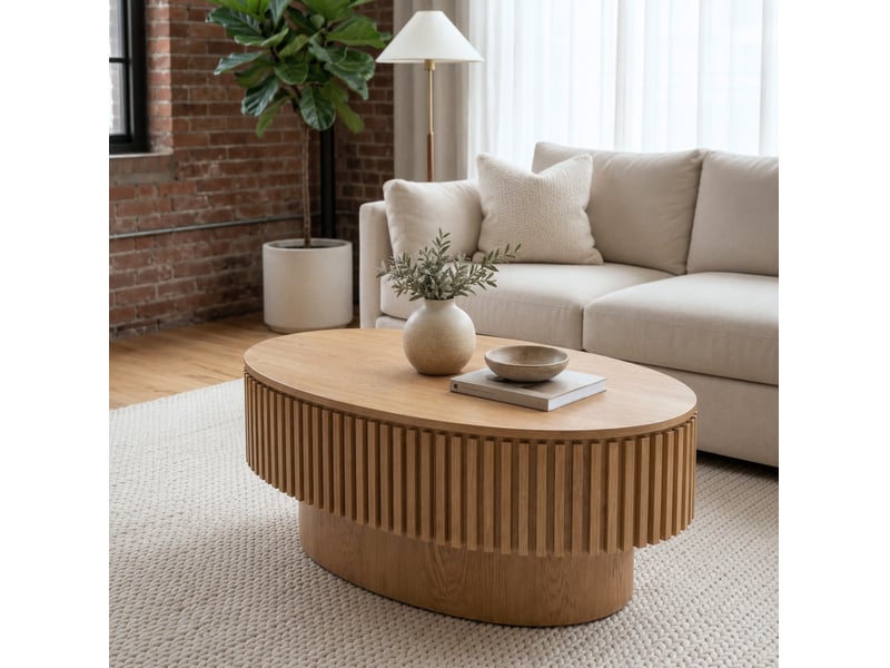  Table basse ovale 98x60 cm rangement caché mdf bois naturel  - Conforama C