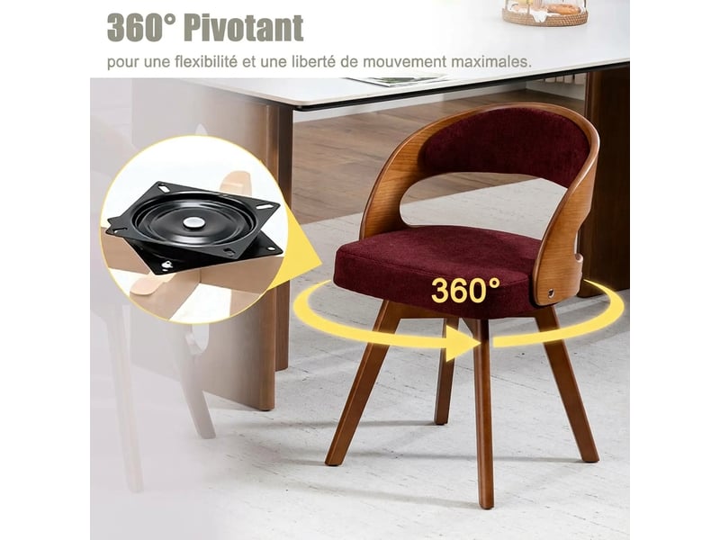 Lot de 2 chaises de salle à manger pivotantes en lin rouge vin avec pieds en bois massif - Conforama W