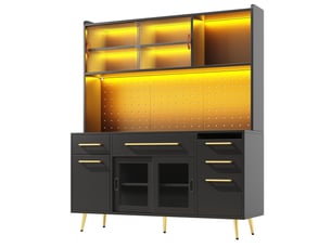 Buffet armoire de rangement haute moderne avec éclairage led, panneau perforé, tiroir, porte en verre, noir pour cuisine et salon