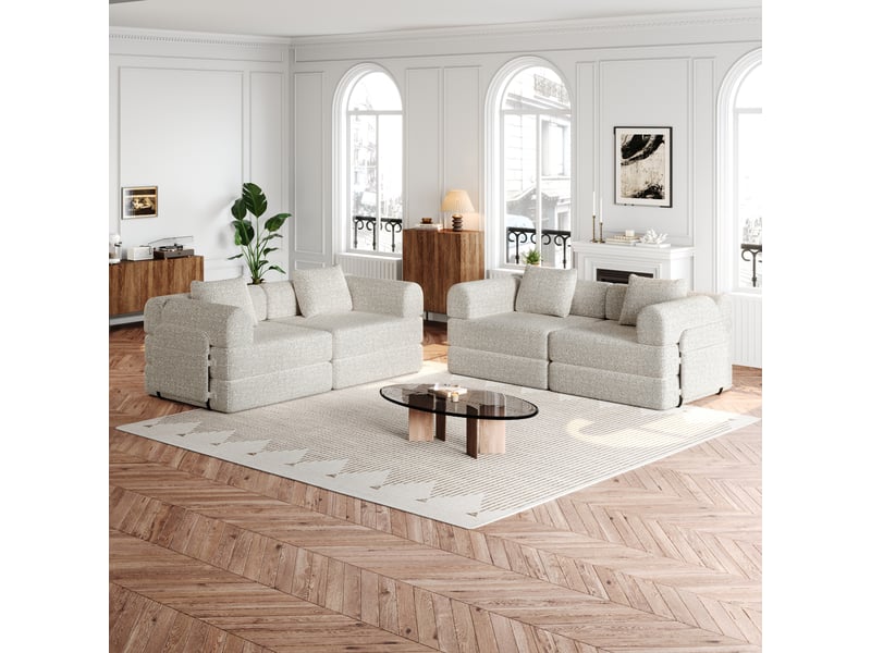 Canapé modulable 2-en-1 en chenille, canapé-lit avec rangement dans les accoudoirs, structure métallique, configuration libre, 2 pièces - khaki - Conforama D