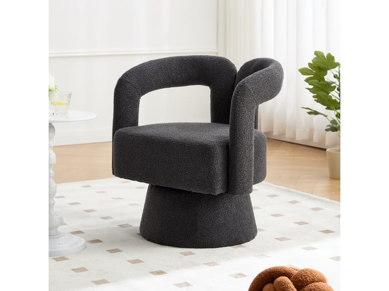  Fauteuil crapaud pivotant 360° 67x55x74cm – fauteuil tonneau lounge au design évidé avec socle en métal – tissu bouclé - anthracite  - Conforama B