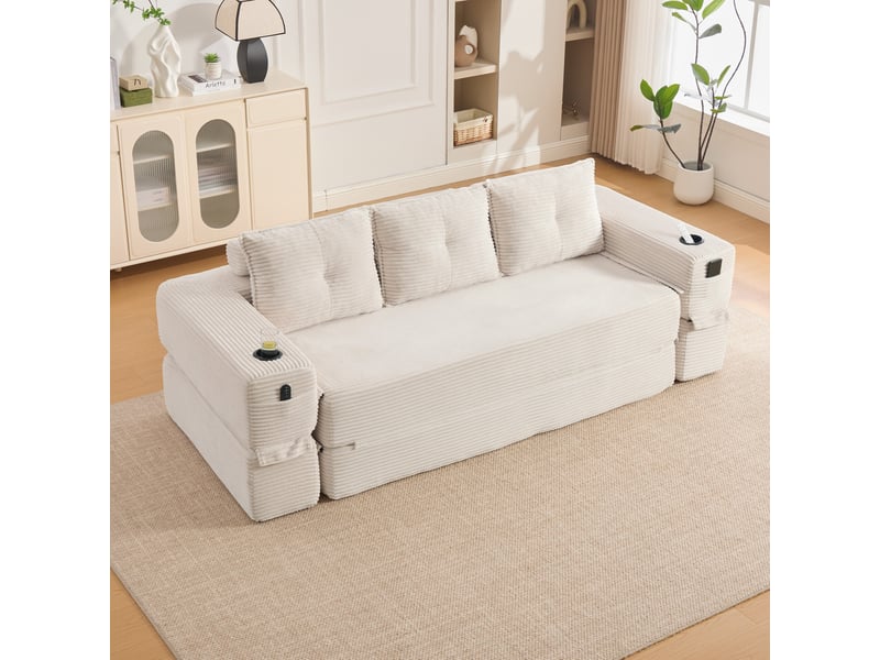 Canapé-lit convertible 3 places en velours côtelé beige avec porte-gobelets - Conforama E