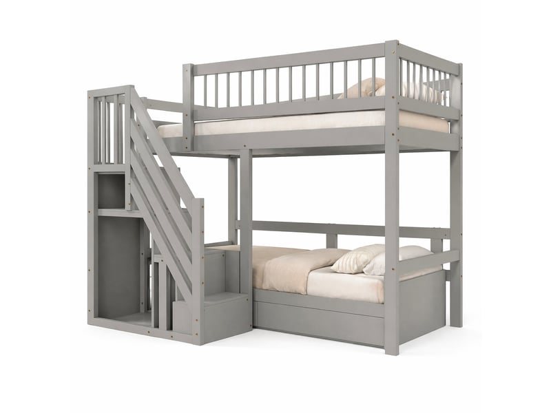 Lit mezzanine enfant et adolescent 90x200 cm avec escalier de rangement gris en bois - Conforama A