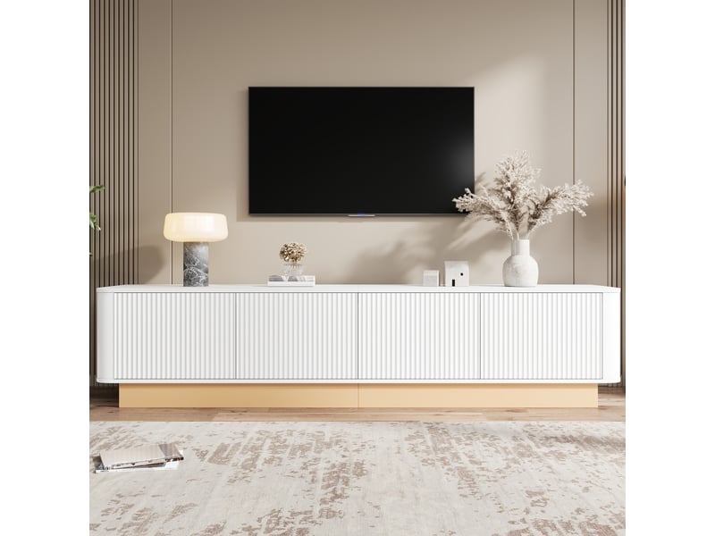  Meuble tv 200x40x47,5 cm, 4 portes, étagères réglables, passe-câbles, façades texturées, grand rangement pour salon - blanc  - Conforama B