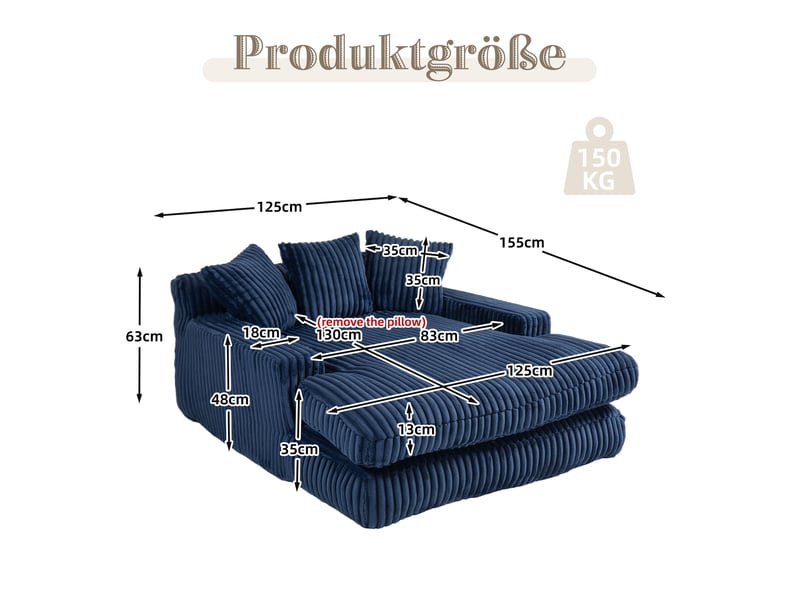 Canapé de sol cloud 1 place en velours côtelé avec 3 coussins, mousse haute densité, 125 x 155 x 63 cm, sans montage, bleu marine, pour salon - Conforama E