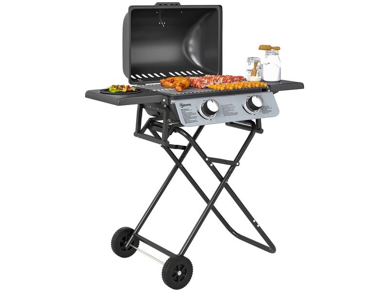  Barbecue gaz transportable, 2 brûleurs 5,6 kw, barbecue gaz de camping avec étagères latérales thermomètre et roues, noir  - Conforama A