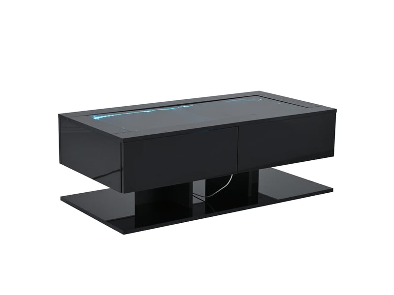 Table basse 100 x 50 cm en laque noire brillante, tiroirs et éclairage led, plateau en verre  - Conforama A