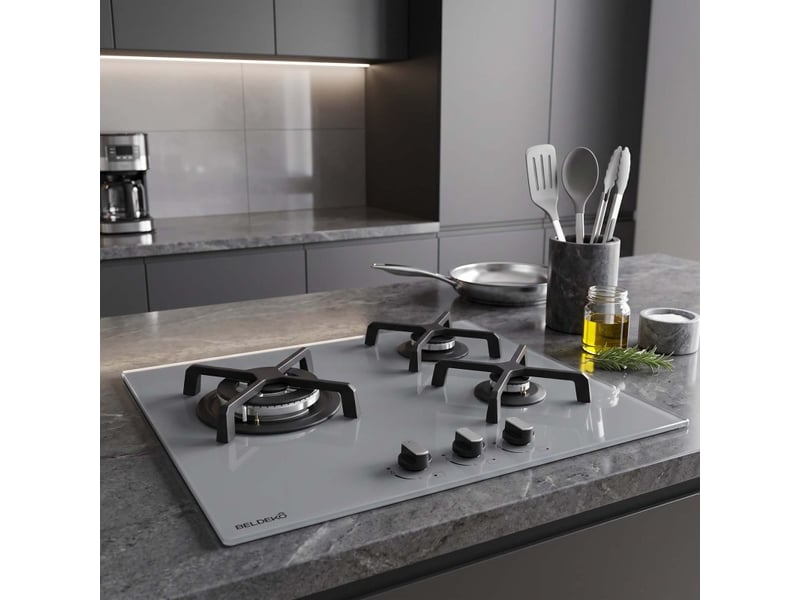 Beldeko plaque de cuisson gaz 3 feux 6200 w - verre gris - brûleur double couronne - grilles en fonte - marque française - Conforama C