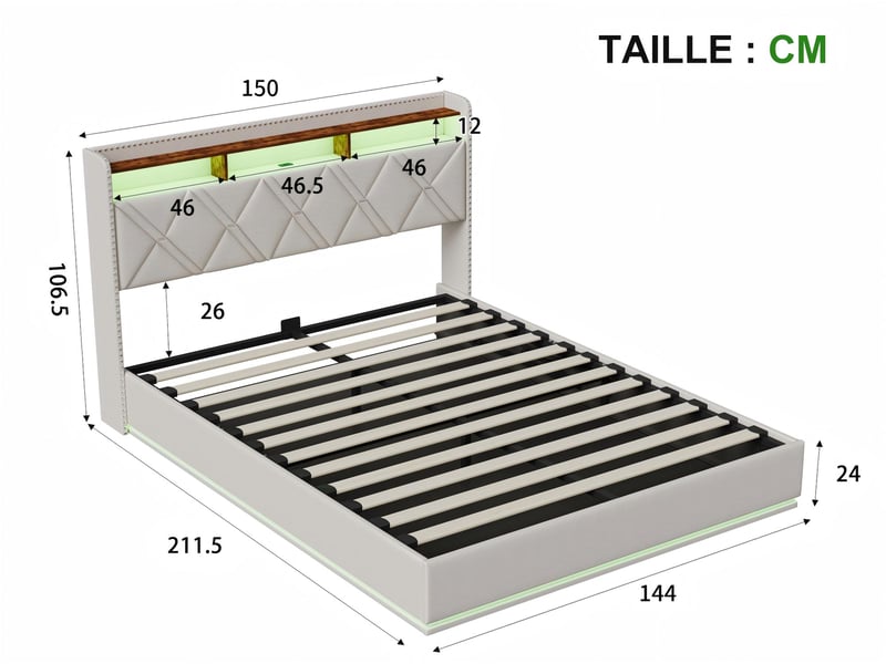  Lit coffre 140x200 cm - led intégrée et rangement - tête de lit avec étagères - sommier relevable - design moderne  - Conforama C