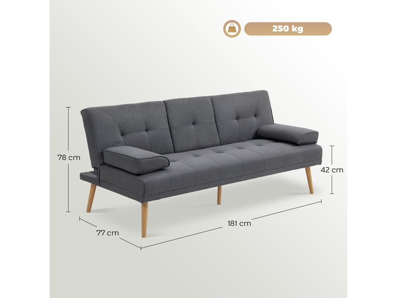  Canapé convertible 3 places, canapé-lit rembourré avec dossier réglable 3 niveaux, 2 coussins et 2 porte-gobelets intégrés, tissu de lin, pour salon, chambre d'amis, gris foncé, petit espace  - Conforama C