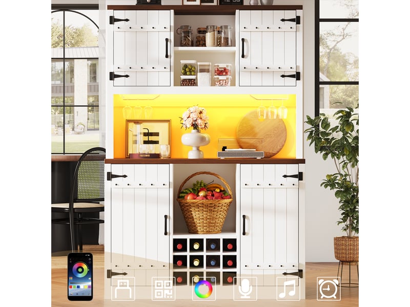  Vaisselier blanc buffet de cuisine industriel avec led rgb, armoire porte de grange avec casier à vin et étagères réglables, 120x180cm  - Conforama B