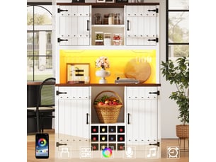 Vaisselier blanc buffet de cuisine industriel avec led rgb, armoire porte de grange avec casier à vin et étagères réglables, 120x180cm