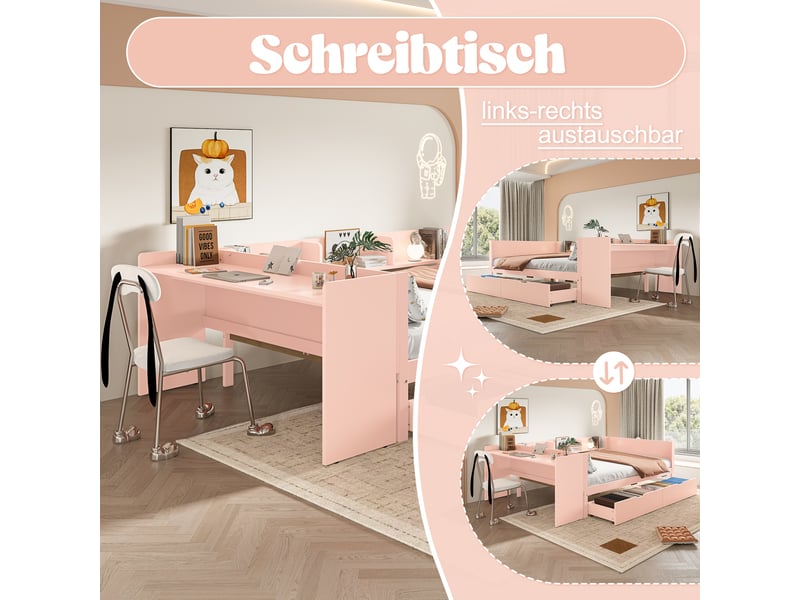  Lit double 140x200 en bois de pin avec bureau intégré et 2 tiroirs - rose  - Conforama D