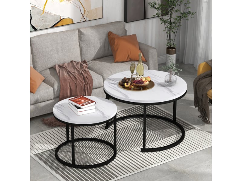  Ensemble de 2 tables basses rondes avec cadre en métal et plateau en panneaux placage marbre blanc table basse blanc - Conforama C