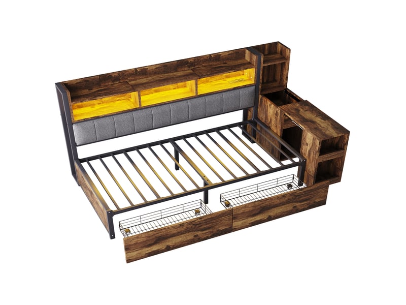 Lit multifonction 90 x 200 cm rangement 2 tiroirs bureau coulissant prises intégrées métal et bois naturel sans matelas  - Conforama A