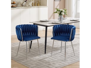 Lot de 2 chaises de salle à manger en velours bleu marine, pieds métalliques argentés