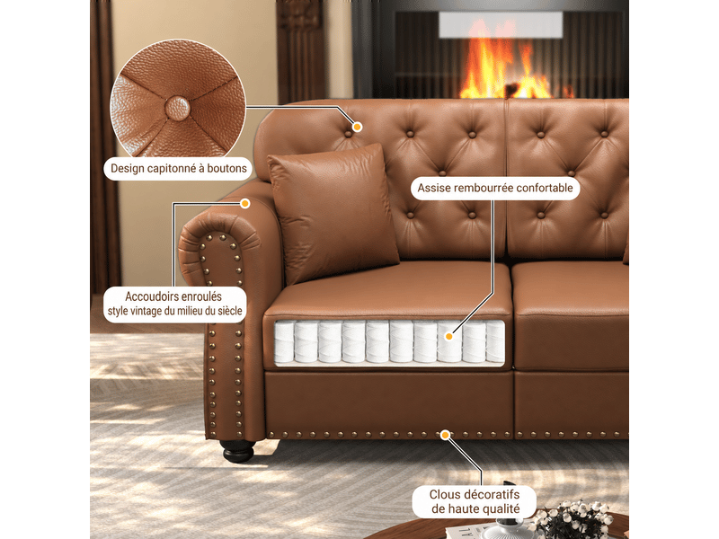  Fauteuil chesterfield fixe 1 place en simili marron 105 x 76 x 86 cm, capitonné avec coussin et ressorts ensachés pour salon 105X76X86cm - Conforama D