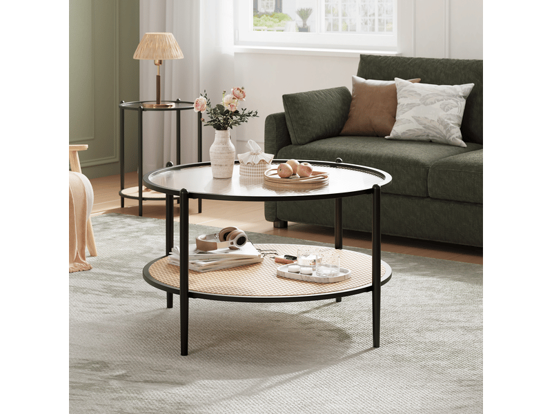  Table basse bohème moderne 2 niveaux rotin, plateau verre trempé ondulé, cadre métal robuste, étagère rangement salon bureau ,noir PHK_346THCPW - Conforama B
