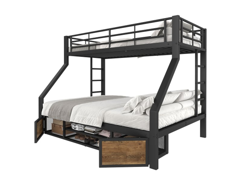  Lit superposé 3 etage avec rangement 90×200 cm + 140×200 cm pour enfant avec placard à chaussures, compartiments de rangement, noir  - Conforama A
