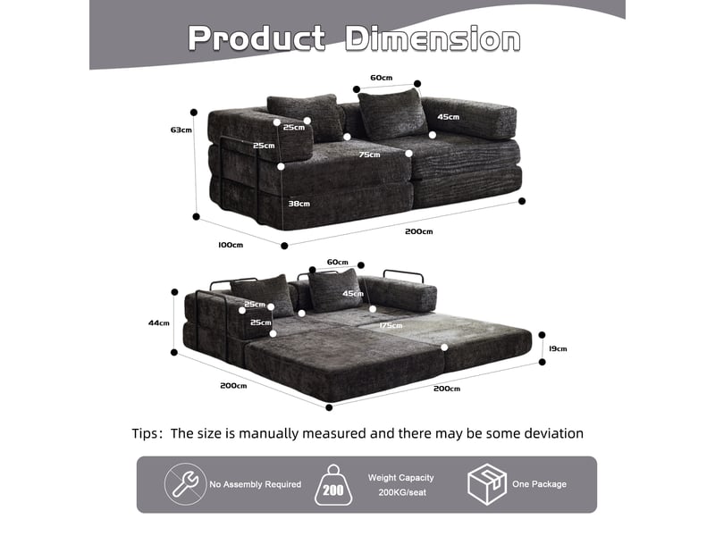  Canapé convertible 2 places - 200x100x63cm - canapé lit modulaire tissu chenille matelas ressorts ensachés - noir  - Conforama E