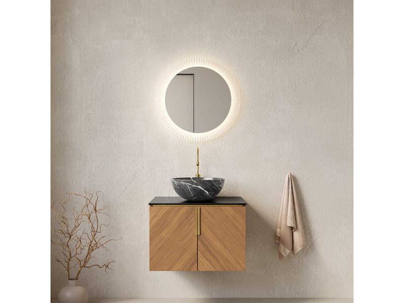  Meuble sous vasque à deux portes avec fermeture amortie - lpospi - pierre frittée, vasque céramique, chêne brun noir  - Conforama C