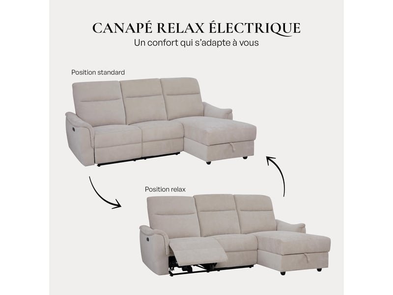  Canapé d'angle relax électrique avec coffre en tissu beige - angle  - Conforama D