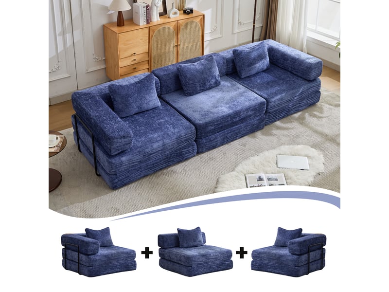  Canapé d'angle, canapé convertible, bleu foncé, pour salon, chambre, pour intérieur, en tissu chenille  - Conforama R