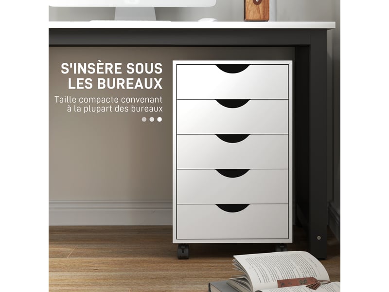  Caisson bureau mobile, meuble rangement sur roulettes avec 5 tiroirs, bois, blanc, 40 x 40 x 67 cm  - Conforama R