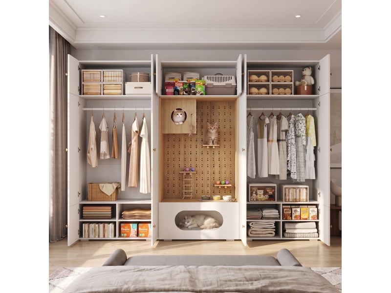  Armoire dressing modenvie 270 x 50 x 200 cm avec espace félin blanc et aspect bois  - Conforama B