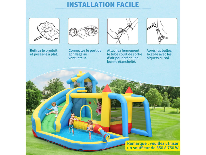 Château gonflable aquatique 405x416x218 cm avec toboggan, piscine et jeux d'eau, souffleur inclus