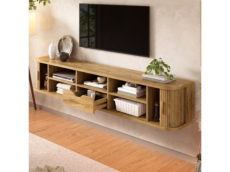 Meuble tv suspendu 175 cm avec led contrôlable par application, portes coulissantes nervurées et bords arrondis, couleur naturelle - Conforama E