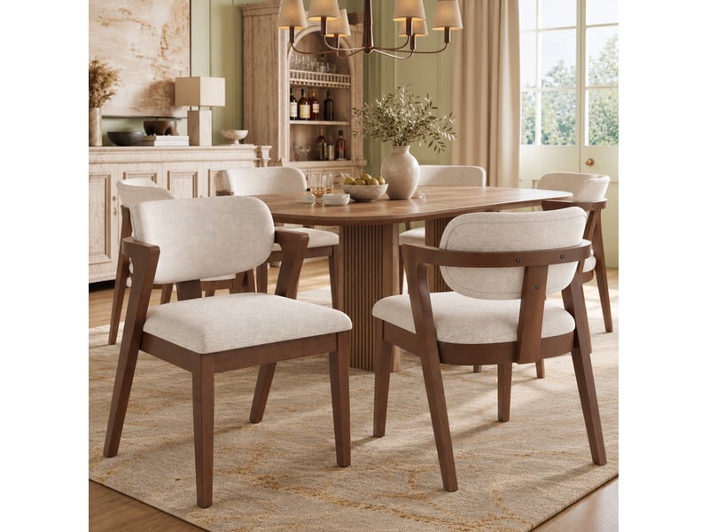  Lot de 2 chaises de salle à manger avec accoudoirs, bois, lin, noyer et beige avoine  - Conforama D