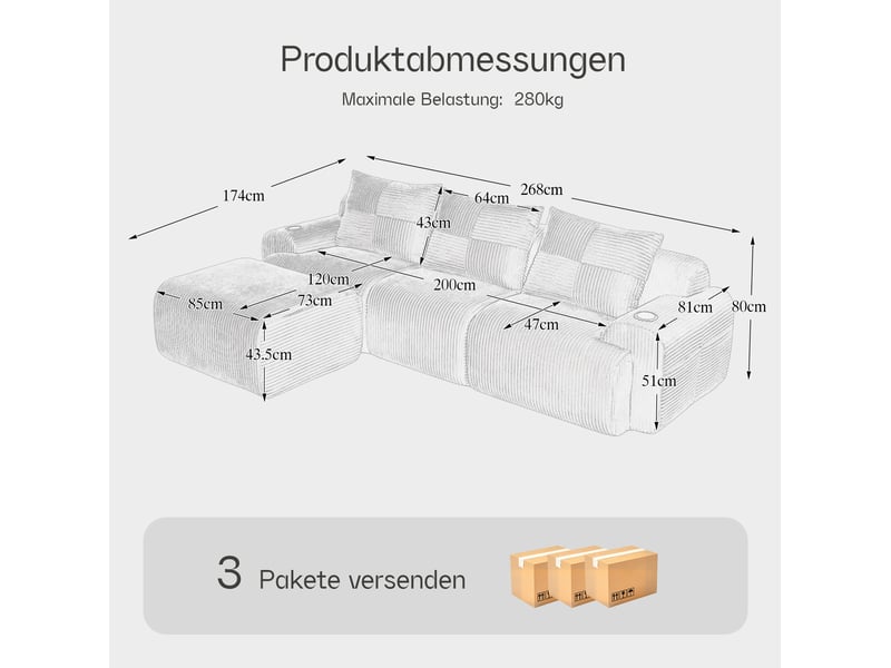 Canapé modulaire 3 places poufs inclus 268x174x80 cm, porte-gobelet, poche de côté, velours côtelé gris clair - Conforama C