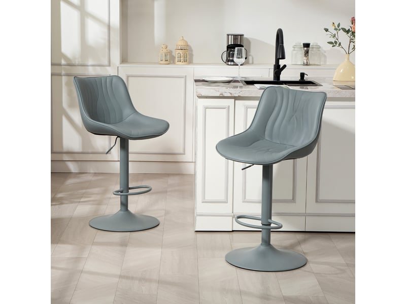  Ensemble de 2 tabourets de bar gris, avec hauteur réglable, dossier, assise en similicuir, structure en acier et repose-pieds.  - Conforama C