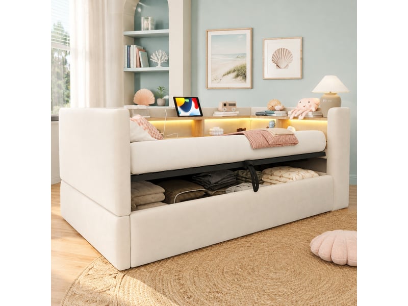  Canapé-lit modenvie 90 x 190 cm coffre hydraulique led prises rangements beige  - Conforama E