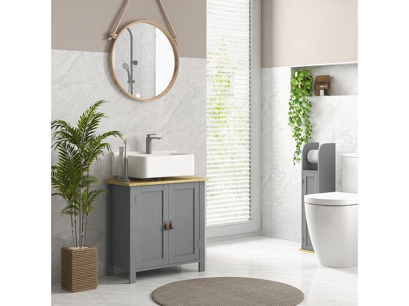 Meuble sous lavabo 2 portes étagère réglable 2 étages à l'intérieure poignées en pu gris 60 x 30 x 60 cm - Conforama R