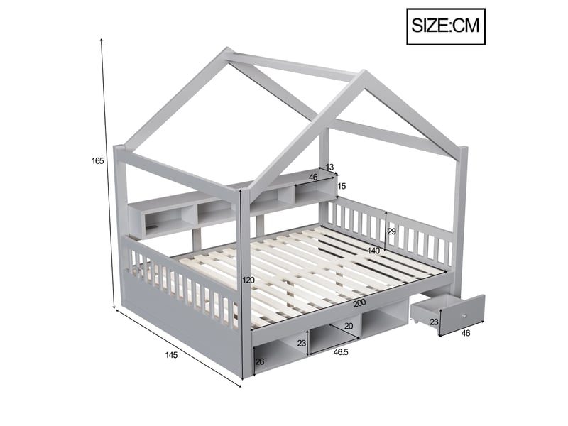  Lit cabane 140 x 200 cm avec led et prises, lit double en bois gris avec étagères et tiroirs de rangement, garde-corps et sommier à lattes  - Conforama D