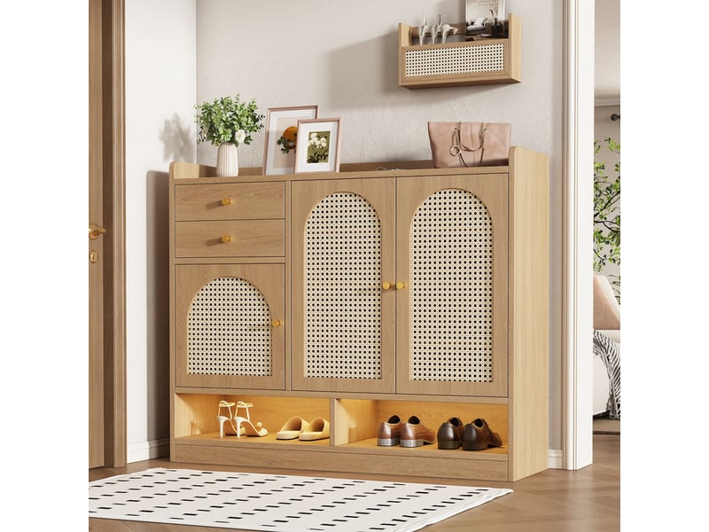  Meuble à chaussures, armoire à 3 portes en rotin, 2 tiroirs, éclairage led, commode à rack ouvert, grand volume, 120x35x100 cm, effet bois  - Conforama D